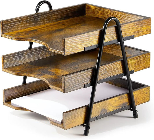 Organizador de Escritorio de Madera con Bandejas para Documentos - Trendigo